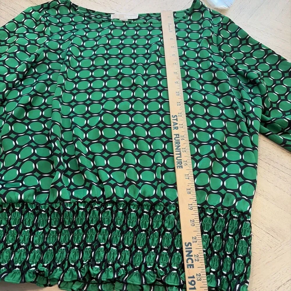 Michael Kors Womens XL Green Geometric Print Blouse Smocked Waist Long Sleeve